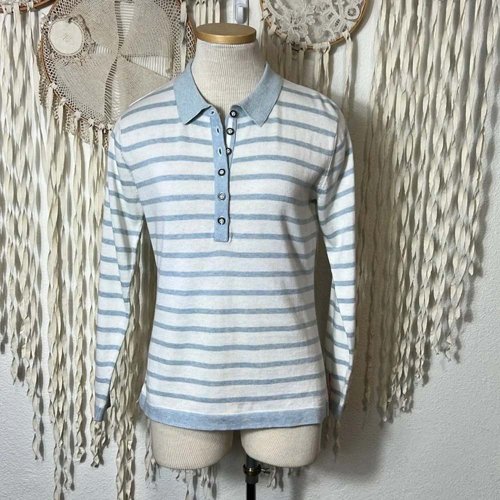 Maus & Hoffman Light Blue and Whitte Stripe Baby Alpaca Long Sleeve Polo Shirt M